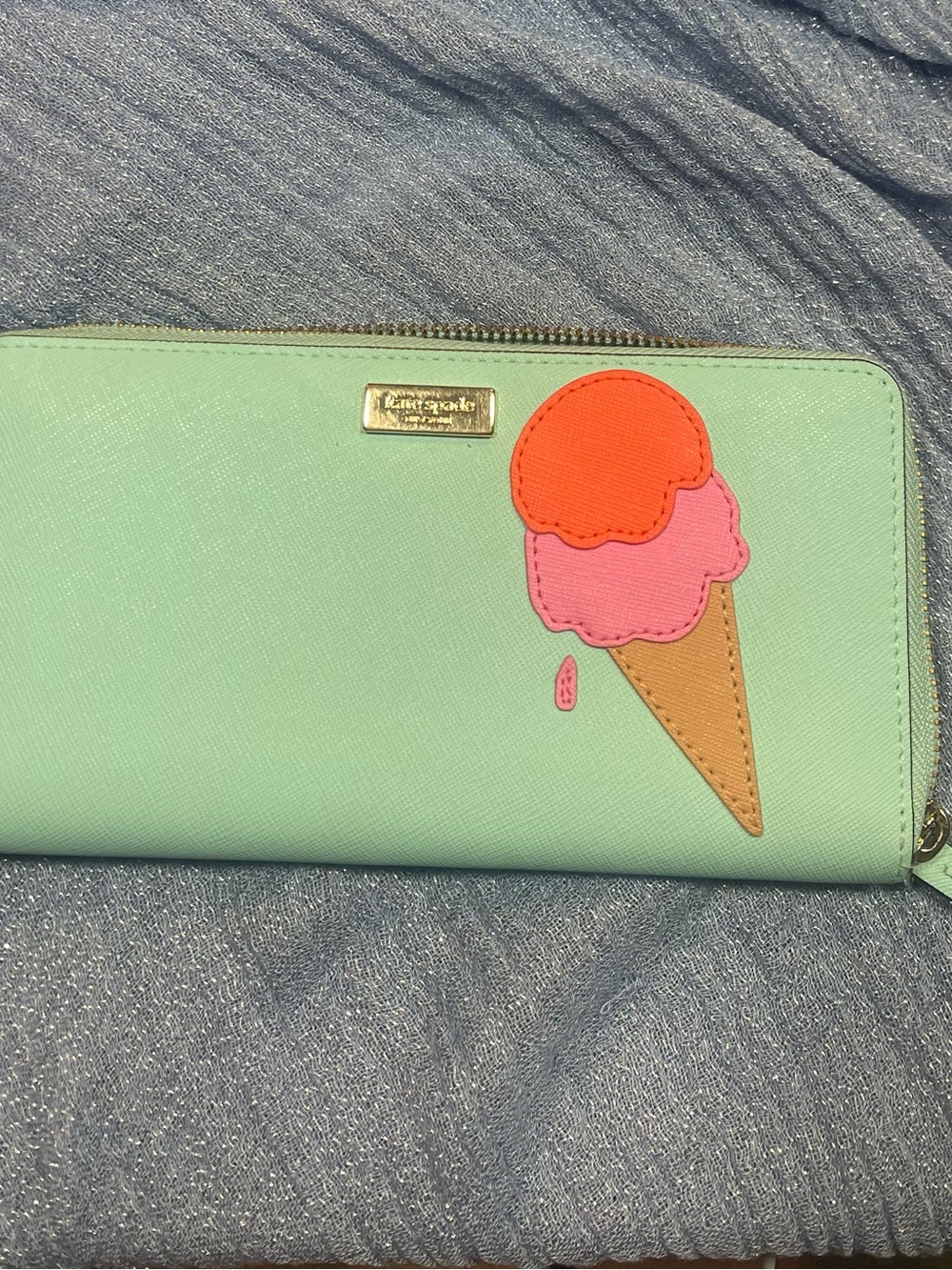 kate spade mint zip wallet with orange and pink ice cream applique
